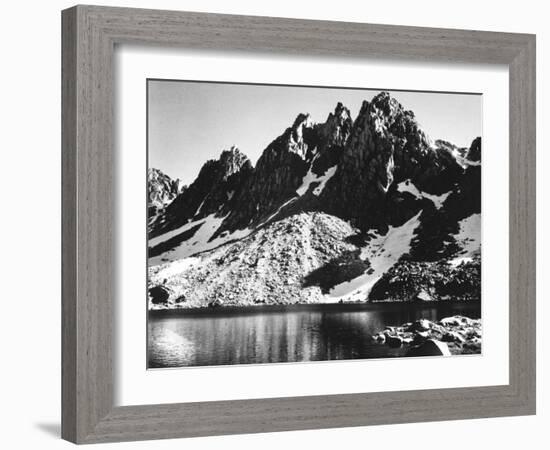 "Kearsarge Pinnacles," Partially Snow-Covered Rocky Formations Along the Edge of the River-Ansel Adams-Framed Premium Photographic Print