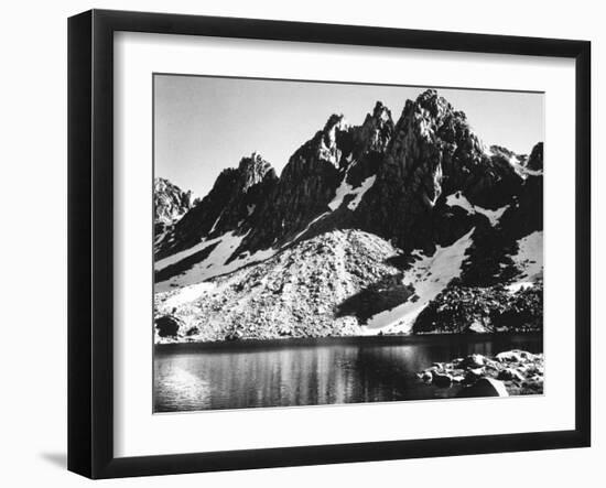 "Kearsarge Pinnacles," Partially Snow-Covered Rocky Formations Along the Edge of the River-Ansel Adams-Framed Premium Photographic Print