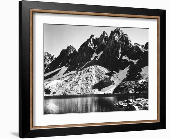 "Kearsarge Pinnacles," Partially Snow-Covered Rocky Formations Along the Edge of the River-Ansel Adams-Framed Premium Photographic Print