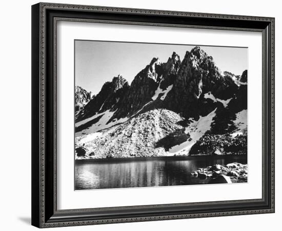 "Kearsarge Pinnacles," Partially Snow-Covered Rocky Formations Along the Edge of the River-Ansel Adams-Framed Premium Photographic Print