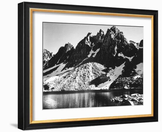 "Kearsarge Pinnacles," Partially Snow-Covered Rocky Formations Along the Edge of the River-Ansel Adams-Framed Premium Photographic Print