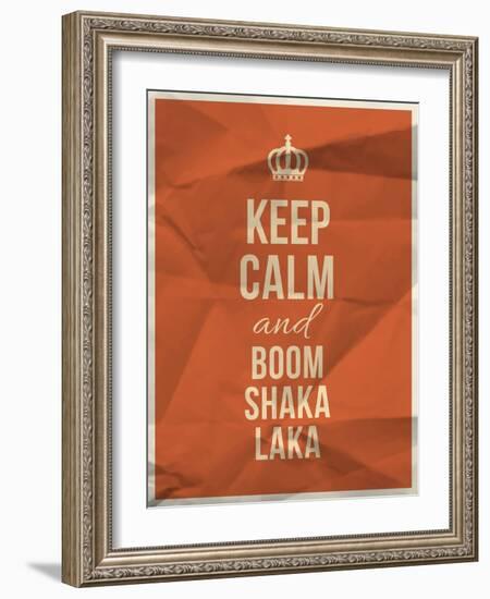 Keep Calm Boom Shaka Laka Quote on Crumpled Paper Texture-ONiONAstudio-Framed Art Print