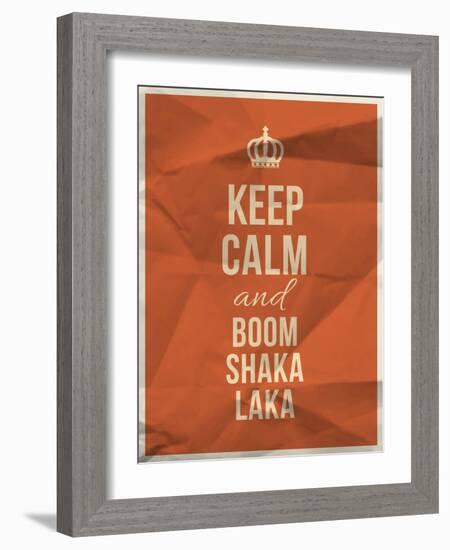 Keep Calm Boom Shaka Laka Quote on Crumpled Paper Texture-ONiONAstudio-Framed Art Print