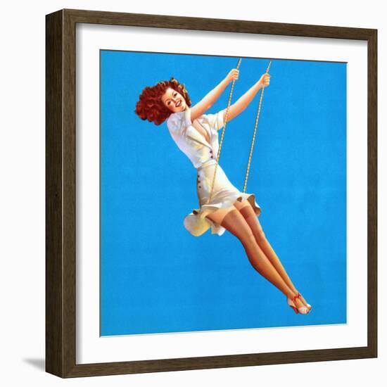 "Keep 'Em Flying" Retro Pin-Up on Swing Girl by Vaughn Alden-Piddix-Framed Art Print