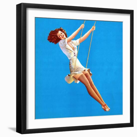 "Keep 'Em Flying" Retro Pin-Up on Swing Girl by Vaughn Alden-Piddix-Framed Art Print