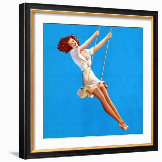 "Keep 'Em Flying" Retro Pin-Up on Swing Girl by Vaughn Alden-Piddix-Framed Art Print