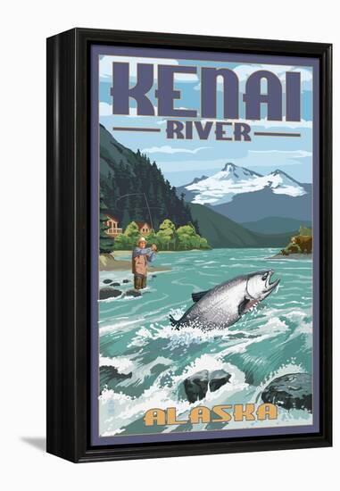 Kenai River, Alaska - Salmon Fisherman-Lantern Press-Framed Stretched Canvas