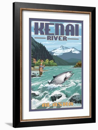 Kenai River, Alaska - Salmon Fisherman-Lantern Press-Framed Premium Giclee Print