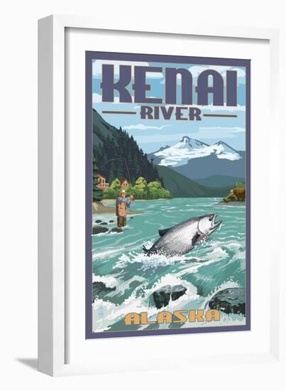 Kenai River, Alaska - Salmon Fisherman-Lantern Press-Framed Premium Giclee Print