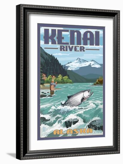 Kenai River, Alaska - Salmon Fisherman-Lantern Press-Framed Premium Giclee Print