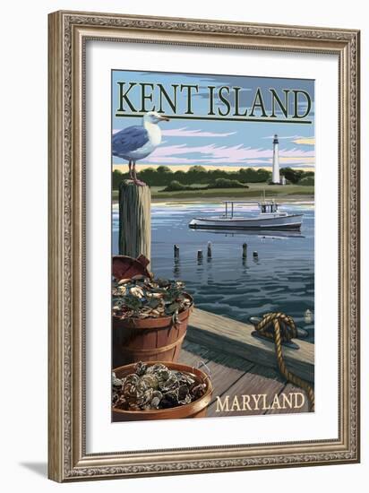 Kent Island, Maryland - Blue Crab and Oysters on Dock-Lantern Press-Framed Art Print