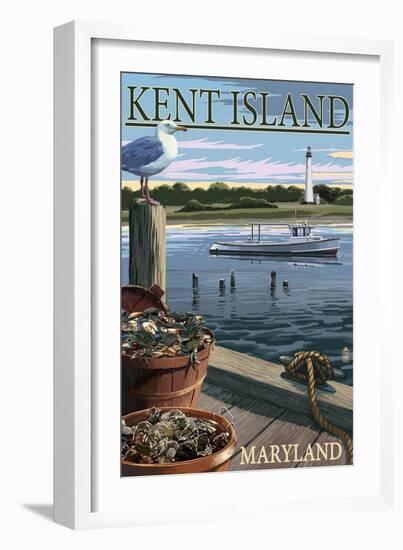 Kent Island, Maryland - Blue Crab and Oysters on Dock-Lantern Press-Framed Art Print