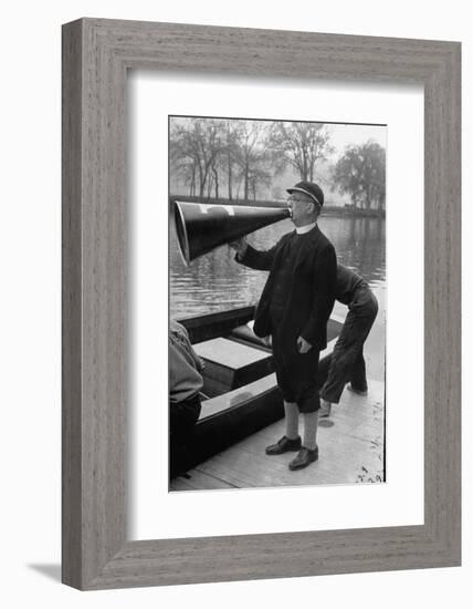 Kent School Headmaster Father Sill Yelling Through Megaphone to Crew Team-Peter Stackpole-Framed Photographic Print