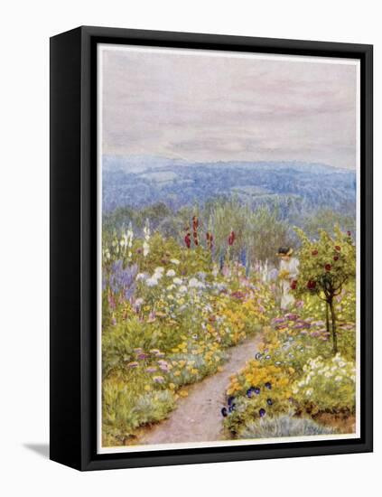 Kentish Garden, a Woman Picks Flowers from Large Herbaceous Borders in a Typical English Garden-null-Framed Stretched Canvas