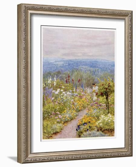 Kentish Garden, a Woman Picks Flowers from Large Herbaceous Borders in a Typical English Garden-null-Framed Art Print