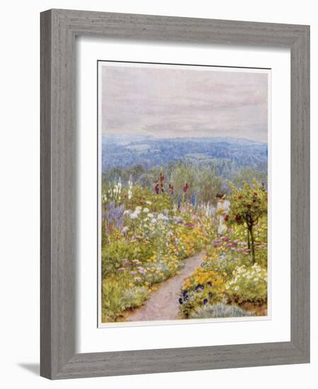 Kentish Garden, a Woman Picks Flowers from Large Herbaceous Borders in a Typical English Garden-null-Framed Art Print