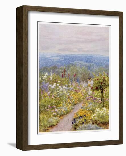 Kentish Garden, a Woman Picks Flowers from Large Herbaceous Borders in a Typical English Garden-null-Framed Art Print