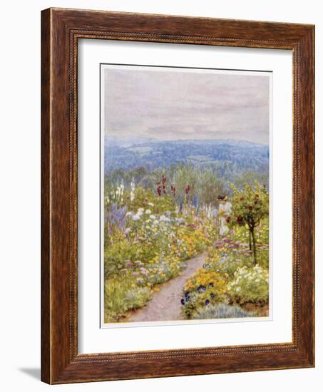 Kentish Garden, a Woman Picks Flowers from Large Herbaceous Borders in a Typical English Garden-null-Framed Art Print