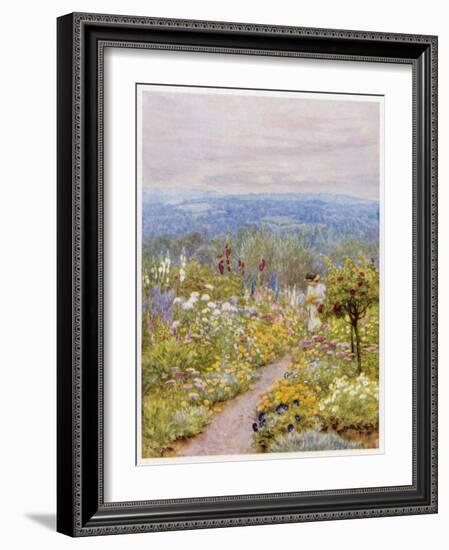 Kentish Garden, a Woman Picks Flowers from Large Herbaceous Borders in a Typical English Garden-null-Framed Art Print