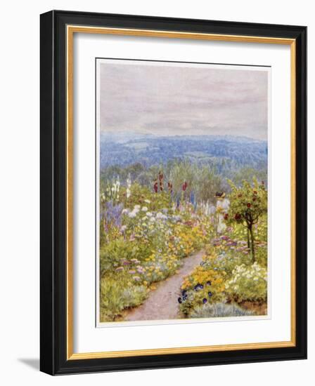 Kentish Garden, a Woman Picks Flowers from Large Herbaceous Borders in a Typical English Garden-null-Framed Art Print