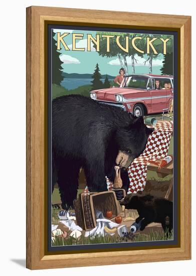 Kentucky - Bear and Picnic Scene-Lantern Press-Framed Stretched Canvas