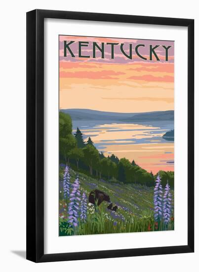 Kentucky - Lake and Bear Family-Lantern Press-Framed Art Print