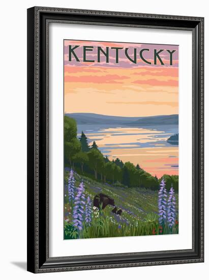 Kentucky - Lake and Bear Family-Lantern Press-Framed Art Print