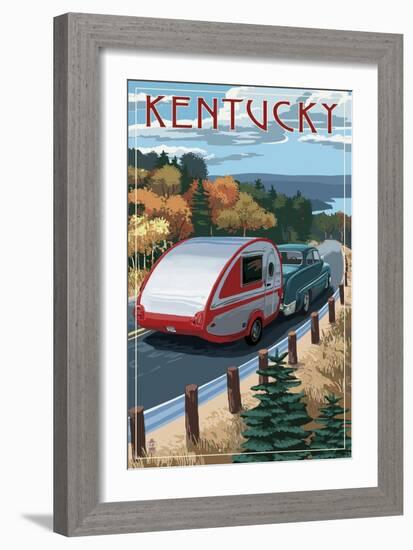 Kentucky - Retro Camper on Road-Lantern Press-Framed Art Print