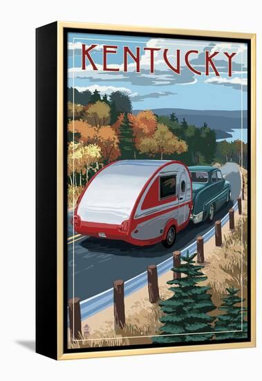 Kentucky - Retro Camper on Road-Lantern Press-Framed Stretched Canvas