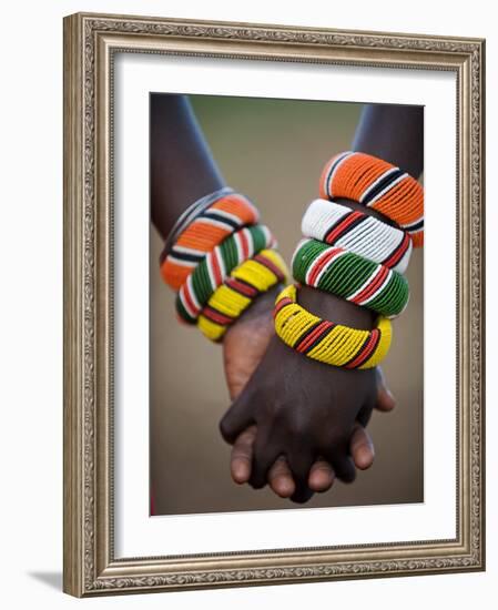 Kenya, Laikipia, Ol Malo; a Samburu Boy and Girl Hold Hands at a Dance in their Local Manyatta-John Warburton-lee-Framed Photographic Print