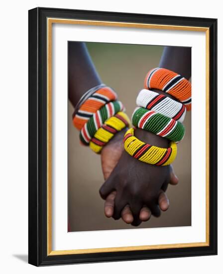 Kenya, Laikipia, Ol Malo; a Samburu Boy and Girl Hold Hands at a Dance in their Local Manyatta-John Warburton-lee-Framed Photographic Print