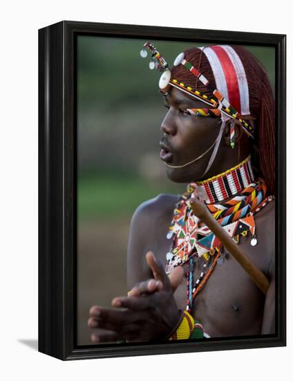 Kenya, Laikipia, Ol Malo; a Samburu Warrior Sings and Claps During a Dance-John Warburton-lee-Framed Premier Image Canvas