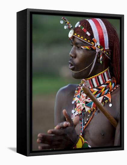 Kenya, Laikipia, Ol Malo; a Samburu Warrior Sings and Claps During a Dance-John Warburton-lee-Framed Premier Image Canvas