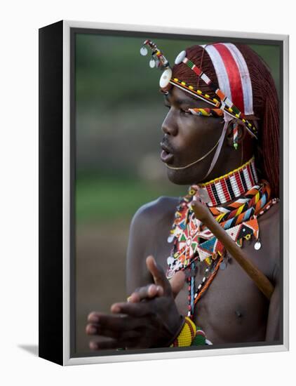 Kenya, Laikipia, Ol Malo; a Samburu Warrior Sings and Claps During a Dance-John Warburton-lee-Framed Premier Image Canvas