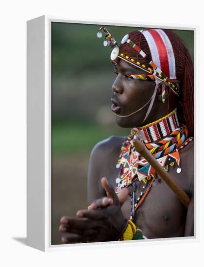 Kenya, Laikipia, Ol Malo; a Samburu Warrior Sings and Claps During a Dance-John Warburton-lee-Framed Premier Image Canvas