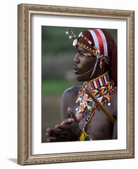 Kenya, Laikipia, Ol Malo; a Samburu Warrior Sings and Claps During a Dance-John Warburton-lee-Framed Photographic Print