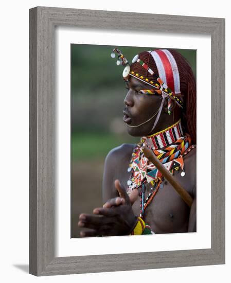 Kenya, Laikipia, Ol Malo; a Samburu Warrior Sings and Claps During a Dance-John Warburton-lee-Framed Photographic Print