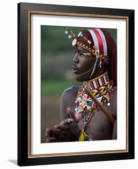 Kenya, Laikipia, Ol Malo; a Samburu Warrior Sings and Claps During a Dance-John Warburton-lee-Framed Photographic Print