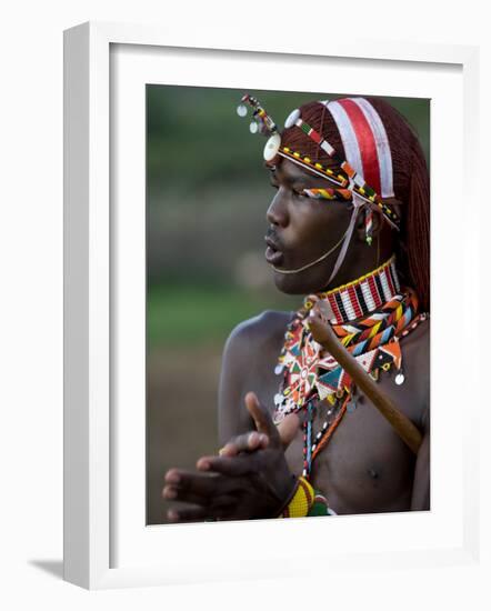 Kenya, Laikipia, Ol Malo; a Samburu Warrior Sings and Claps During a Dance-John Warburton-lee-Framed Photographic Print