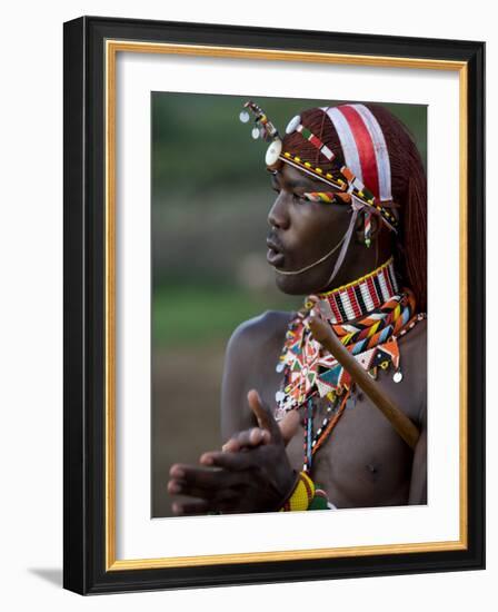 Kenya, Laikipia, Ol Malo; a Samburu Warrior Sings and Claps During a Dance-John Warburton-lee-Framed Photographic Print