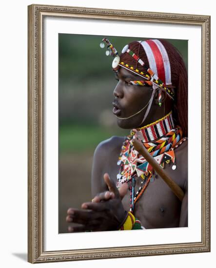 Kenya, Laikipia, Ol Malo; a Samburu Warrior Sings and Claps During a Dance-John Warburton-lee-Framed Photographic Print