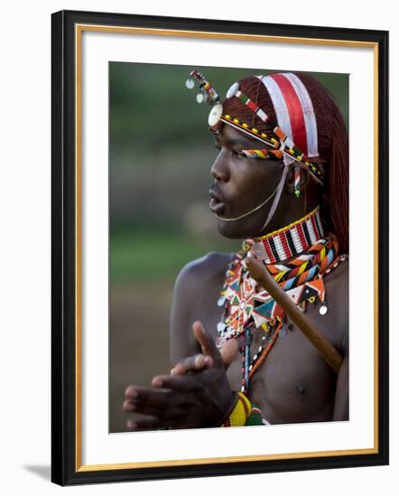 Kenya, Laikipia, Ol Malo; a Samburu Warrior Sings and Claps During a Dance-John Warburton-lee-Framed Photographic Print