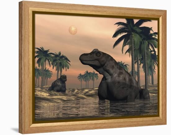 Keratocephalus Dinosaurs in a Small Lake at Sunset-Stocktrek Images-Framed Stretched Canvas