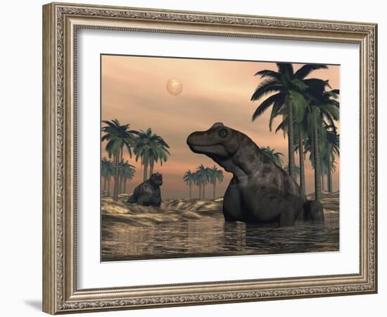 Keratocephalus Dinosaurs in a Small Lake at Sunset-Stocktrek Images-Framed Art Print