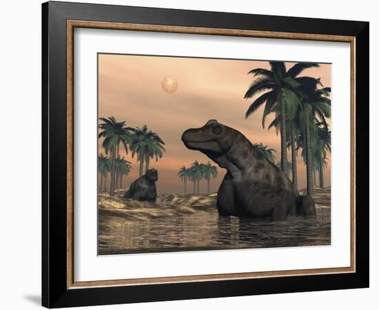 Keratocephalus Dinosaurs in a Small Lake at Sunset-Stocktrek Images-Framed Art Print