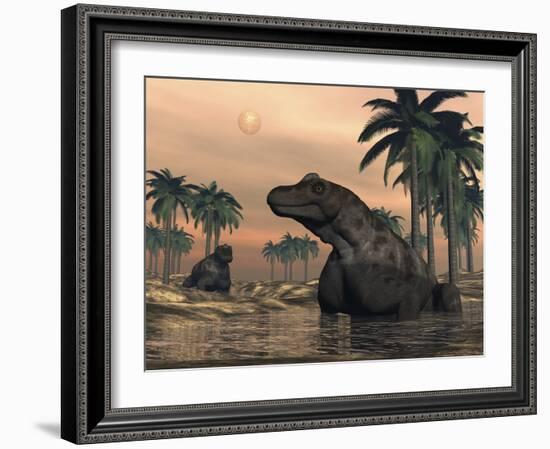 Keratocephalus Dinosaurs in a Small Lake at Sunset-Stocktrek Images-Framed Art Print