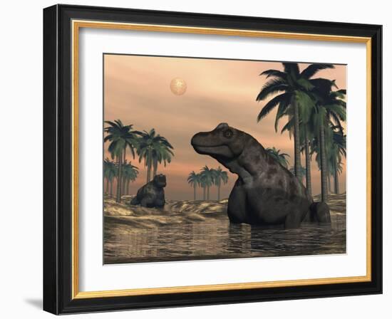 Keratocephalus Dinosaurs in a Small Lake at Sunset-Stocktrek Images-Framed Art Print