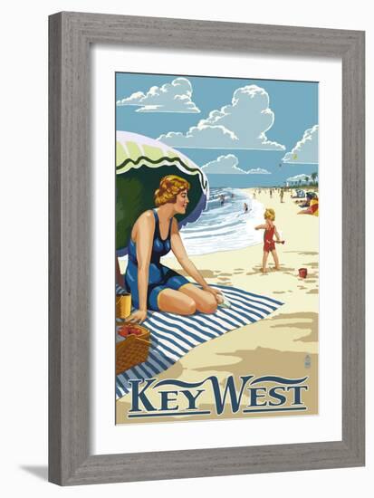 Key West, Florida - Beach Scene-Lantern Press-Framed Premium Giclee Print