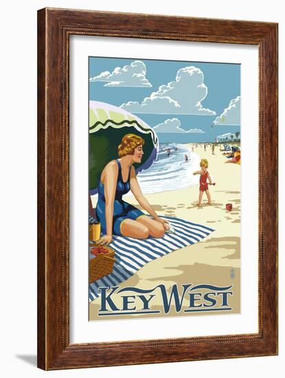 Key West, Florida - Beach Scene-Lantern Press-Framed Premium Giclee Print
