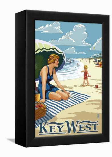 Key West, Florida - Beach Scene-Lantern Press-Framed Stretched Canvas